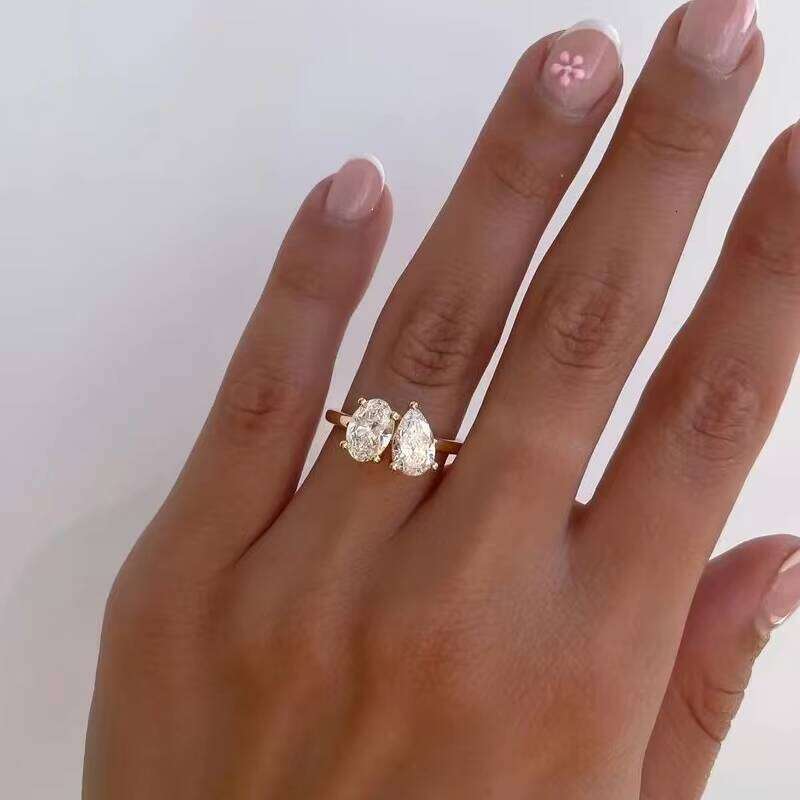 Custom Moissanite Lab Synthesis Dia Ring Real Gold Two Stone Engagement Wedding Rings for Women