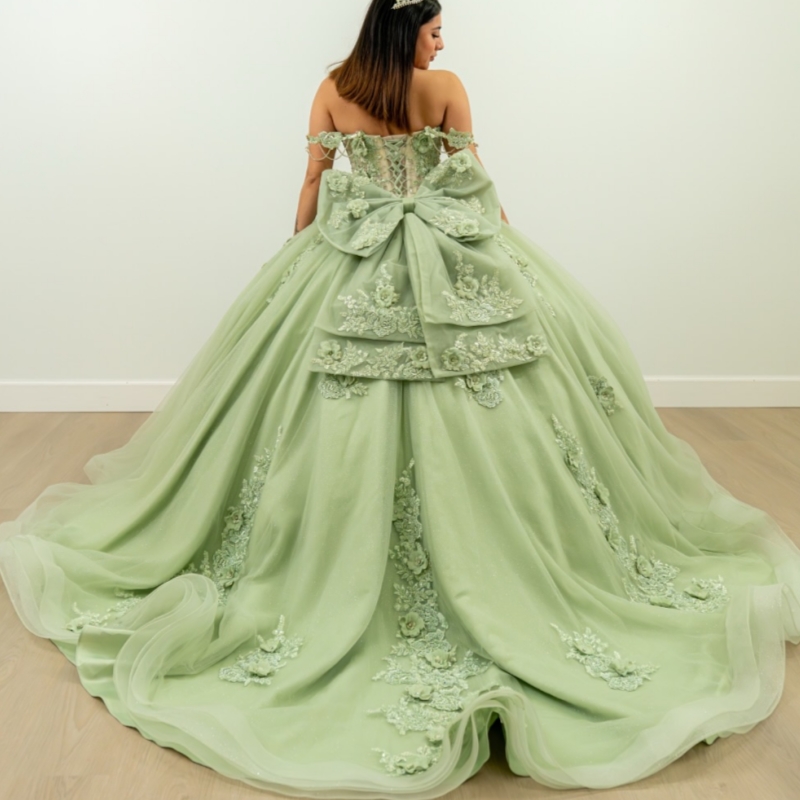 Green Shiny Quinceanera Dresses Off The Shoulder Applique Flower Beading Bow Tull Ball Gown Vestidos De 15 Anos Sweet 16 Dress