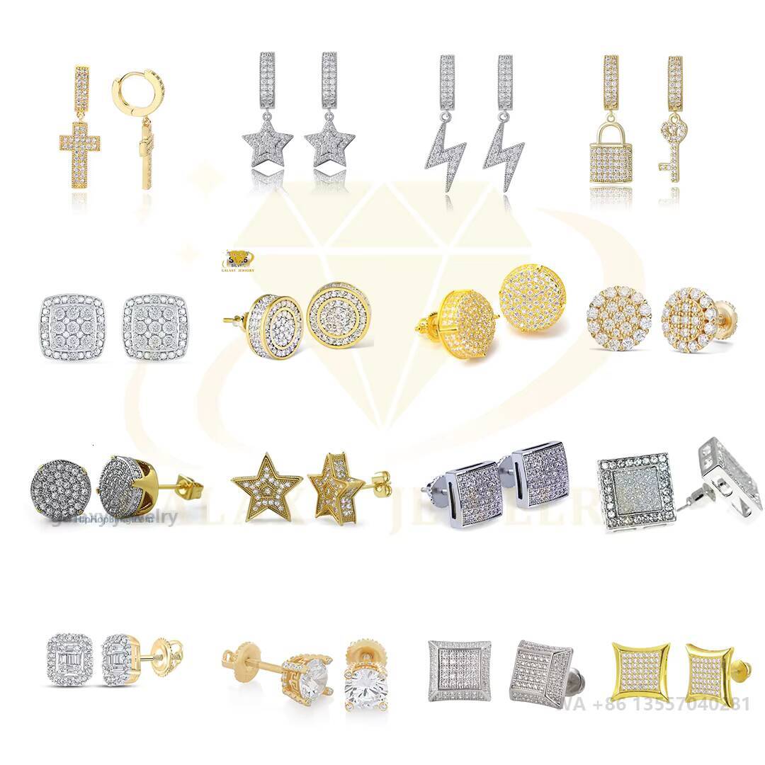 Hip Hop Jewelry Earrings Mens Rappers Moissanite Diamond Iced Out Gold Plated Geometric Screw Back Custom Stud Earrings