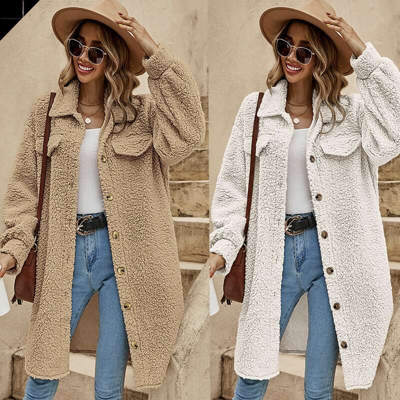 Women's open-button lapel plush loose temperament commuter long coat