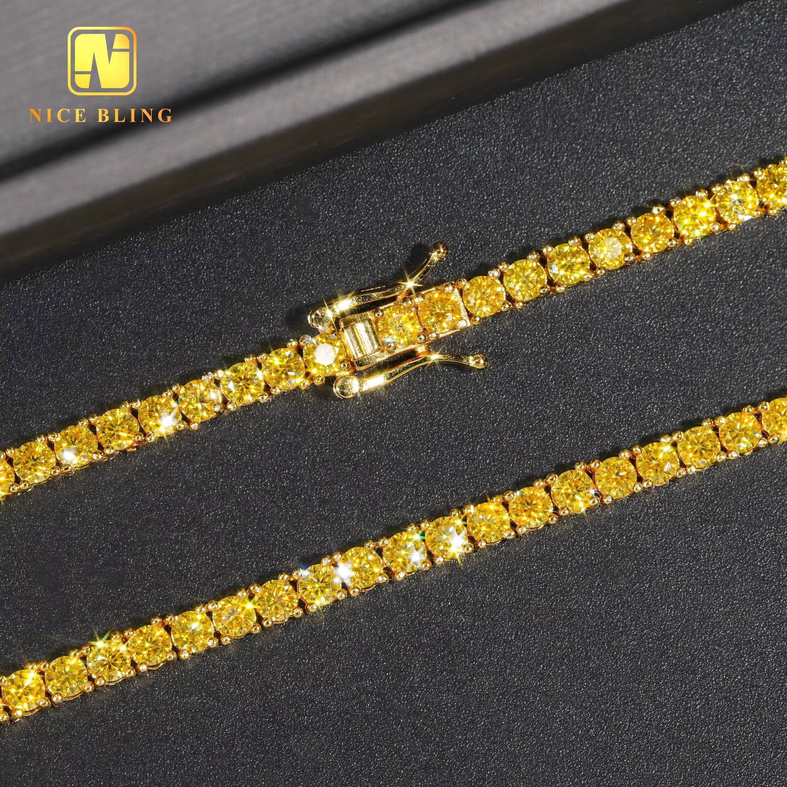 Fashion Hip Hop Tennis Chains 925 Sterling Silver Jewelry 3mm 4mm Gold Color Moissanite Tennis Necklace Braceletts for Men Women