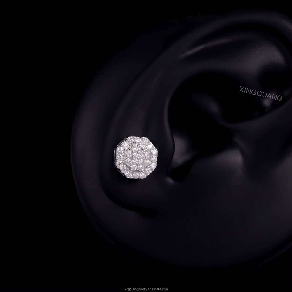 Fine Jewelry Hip Hop Men's White Gold Plated S Sier 100% Pass Dia Test Shiny Ice Out Moissanite Stud Earrings