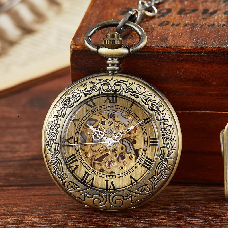 Vintage Gold Bronze Mechanical Pocket Watch Hand Winding Skeleton Roman Numerals Dial Fob Chain Clock for Men Drop 250807