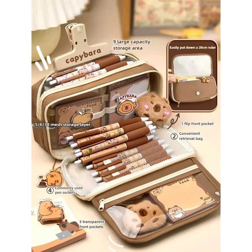 Capybara Pencil Bag, Fabric Stationery Holder And Pencil Case Organizer With Sticker And Brooch Attachment Points - School Supplies Storage For Studen - view 4