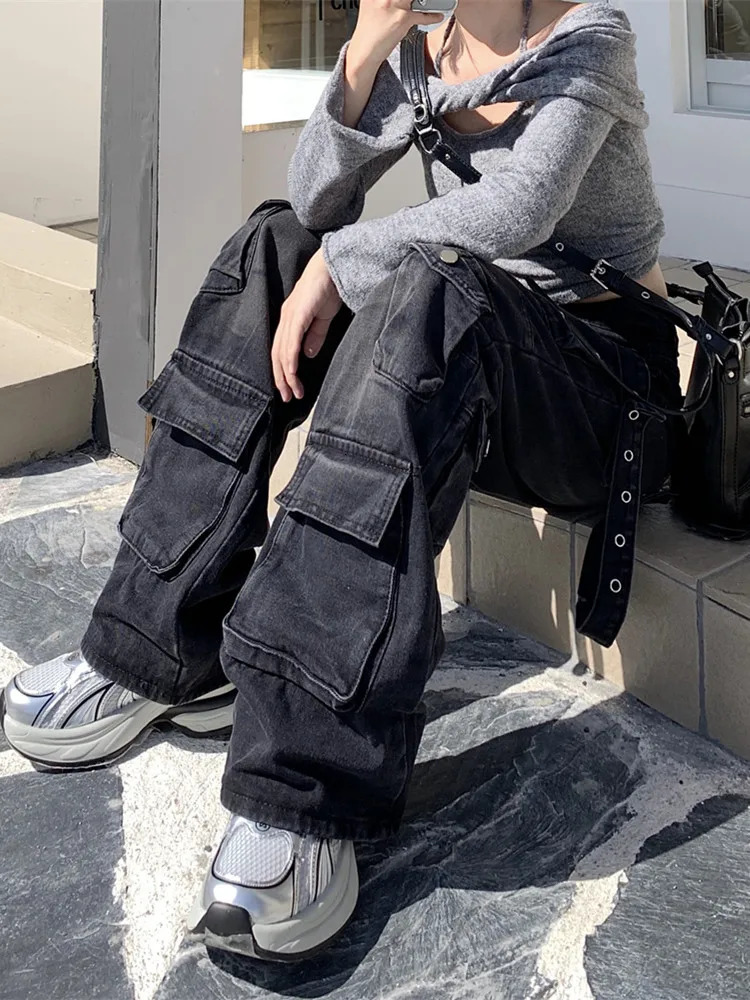 2000S Clothes Y2K Streetwear Washed Black Baggy Cargo Jeans Pants For Women Wide Leg Multi Pockets Straight Loose Lady Trousers 250804