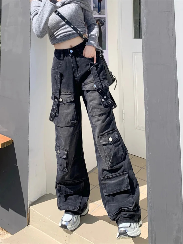 2000S Clothes Y2K Streetwear Washed Black Baggy Cargo Jeans Pants For Women Wide Leg Multi Pockets Straight Loose Lady Trousers 250804