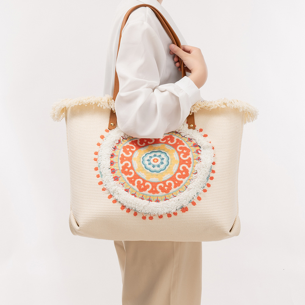 Free Shipping Designer Bag Canvas Bag Large Capacity Women's Tote Bag Four-sided Tassel Luxury Bag Handbag Niche Design Ethnic Style Shoulder Bag