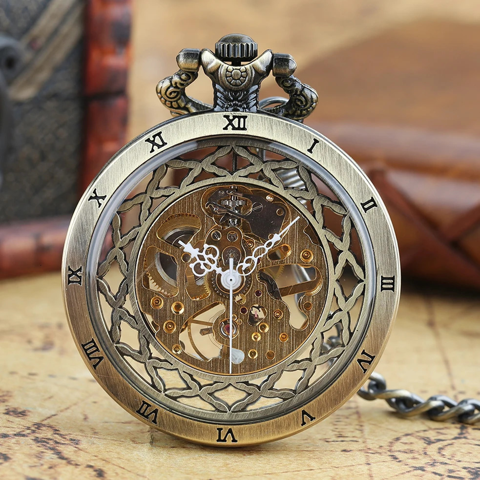 Steampunk Style Glass Transparent Hand Wind Mechanical Pocket Watch with Chain Hollow Men Watches Clock Gifts 250807