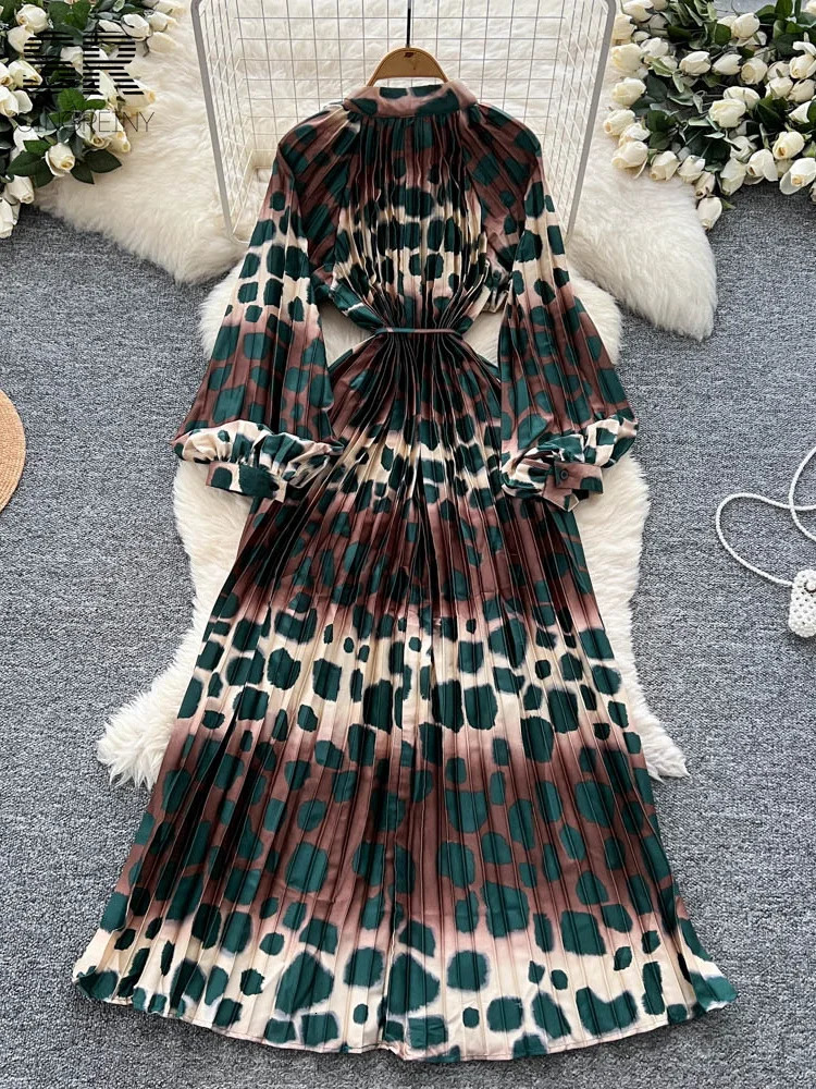 SINGREINY Elagant Print Pleated Dress Female Lantern Sleeves Temperament Bow Lace Up n Women Fashion Evening Dresses 250728