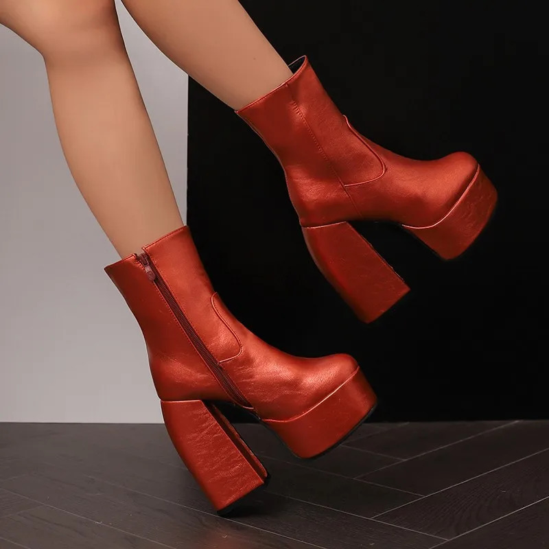 Sexy Chunky High Heels Ankle Shoes For Women Punk Style Zipper Thick Platform Green Blue Red Short Booties Plus Size 47 250801
