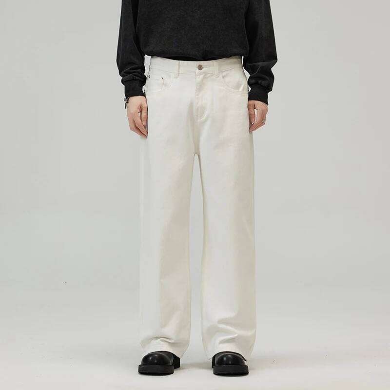 100% Cotton Men's Baggy Straight Jeans Comfortable Soft Casual Pants Fashion Korean White Brown Denim Trousers Male Clothing