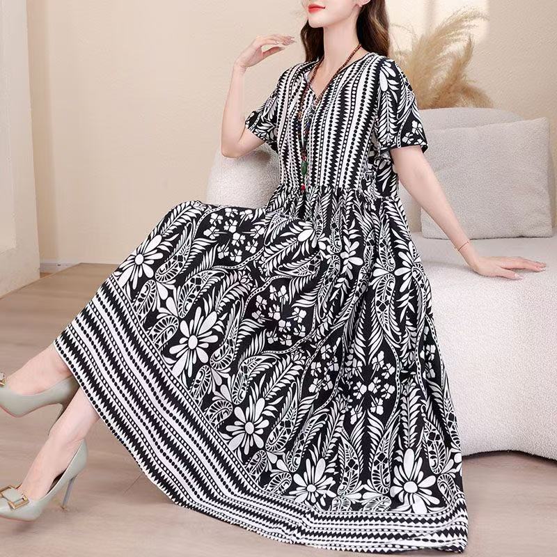 plus size women's new long sleeve high waist printed banquet dress mid-length skirt D02469