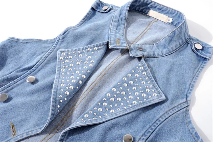 Vintage Blue Rivet Stand Collar Denim Vest Women Slim Short Cowboy Waistcoat Summer Sleeveless Jeans Jacket Female Outwear 250804