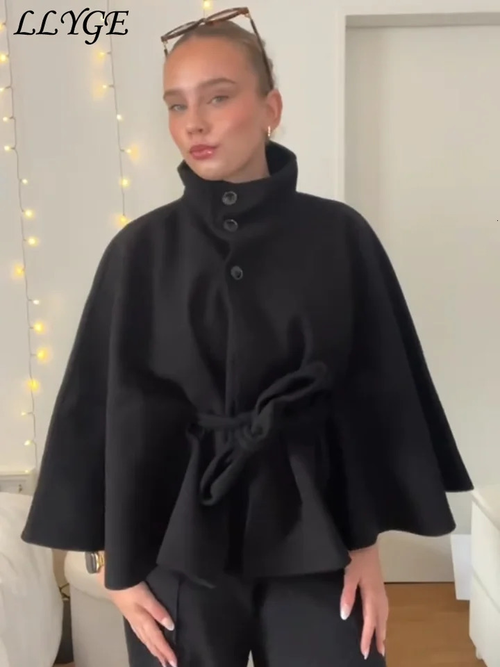 Elegant Womens Cape Belt Woolen Coats Loose Stand Collar Singlebreasted Batwing Sleeve Jacket 2025 Autumn Lady Chic Outwear 250808
