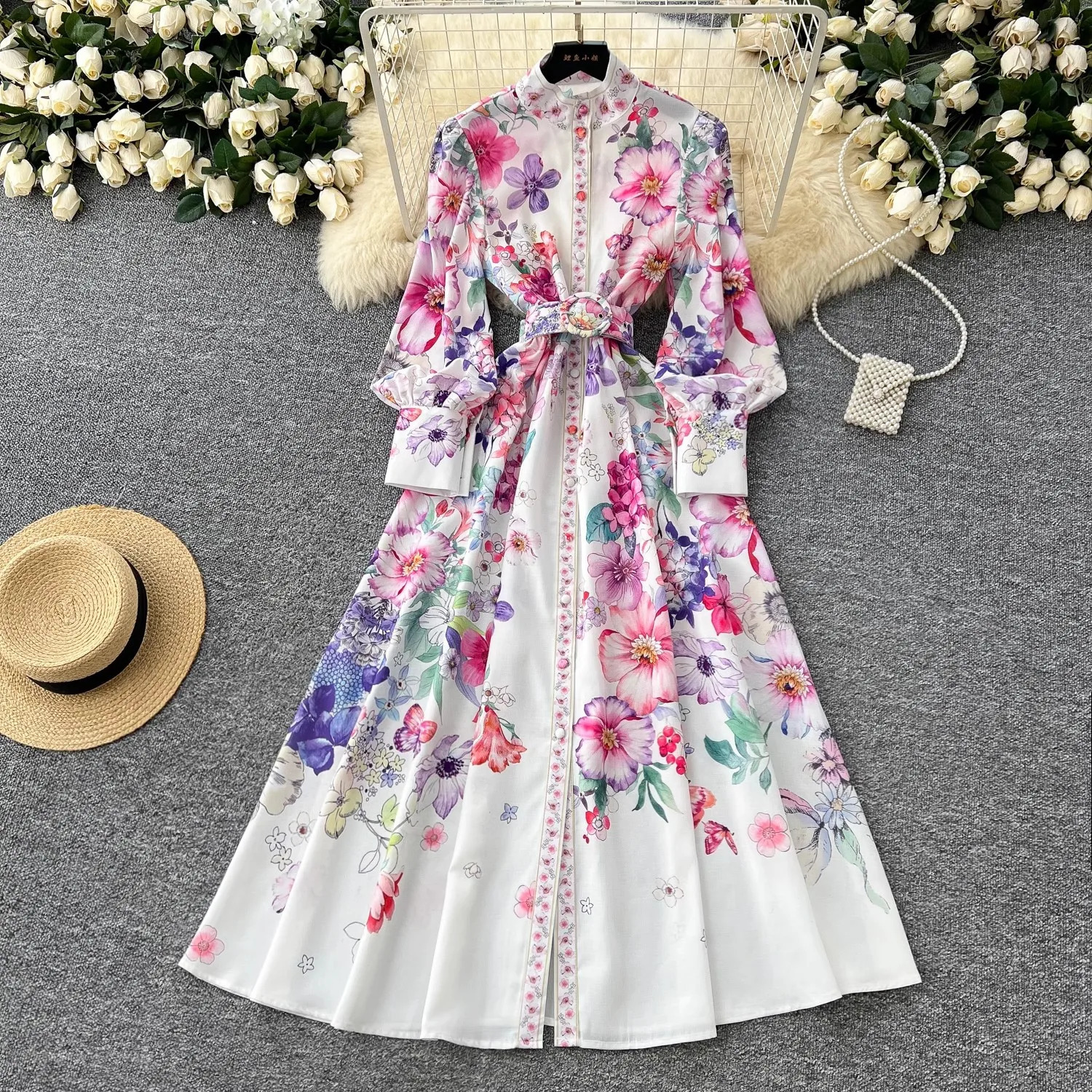 Runway 2025 Spring Summer Floral Print Long Shirt Dress Womens Turtleneck Lantern Sleeve Print Belt Casual Holiday Dress Female 250728