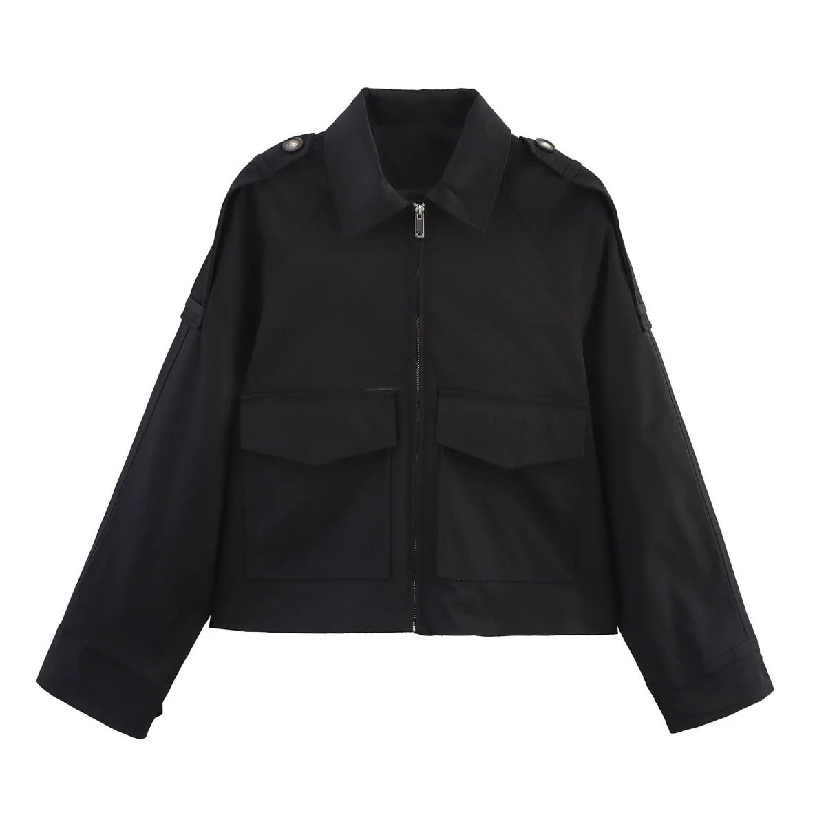 PB ZA2025 Summer Womens Casual Commuting Versatile Lapel Pocket Zipper Jacket Short Windbreaker 250728