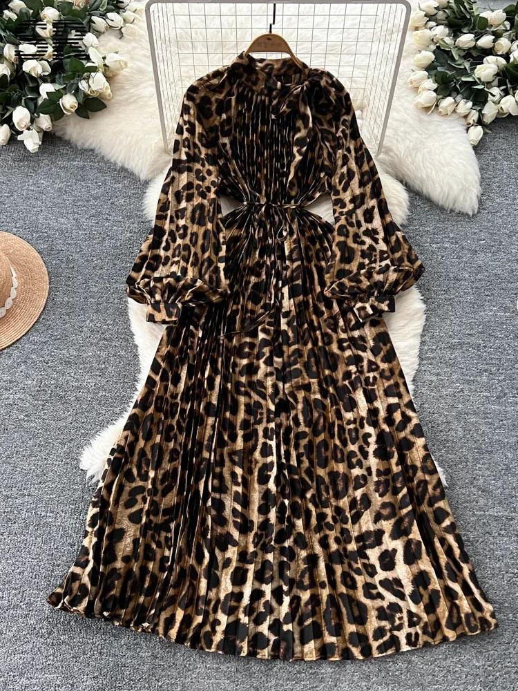 SINGREINY Elagant Print Pleated Dress Female Lantern Sleeves Temperament Bow Lace Up n Women Fashion Evening Dresses 250728