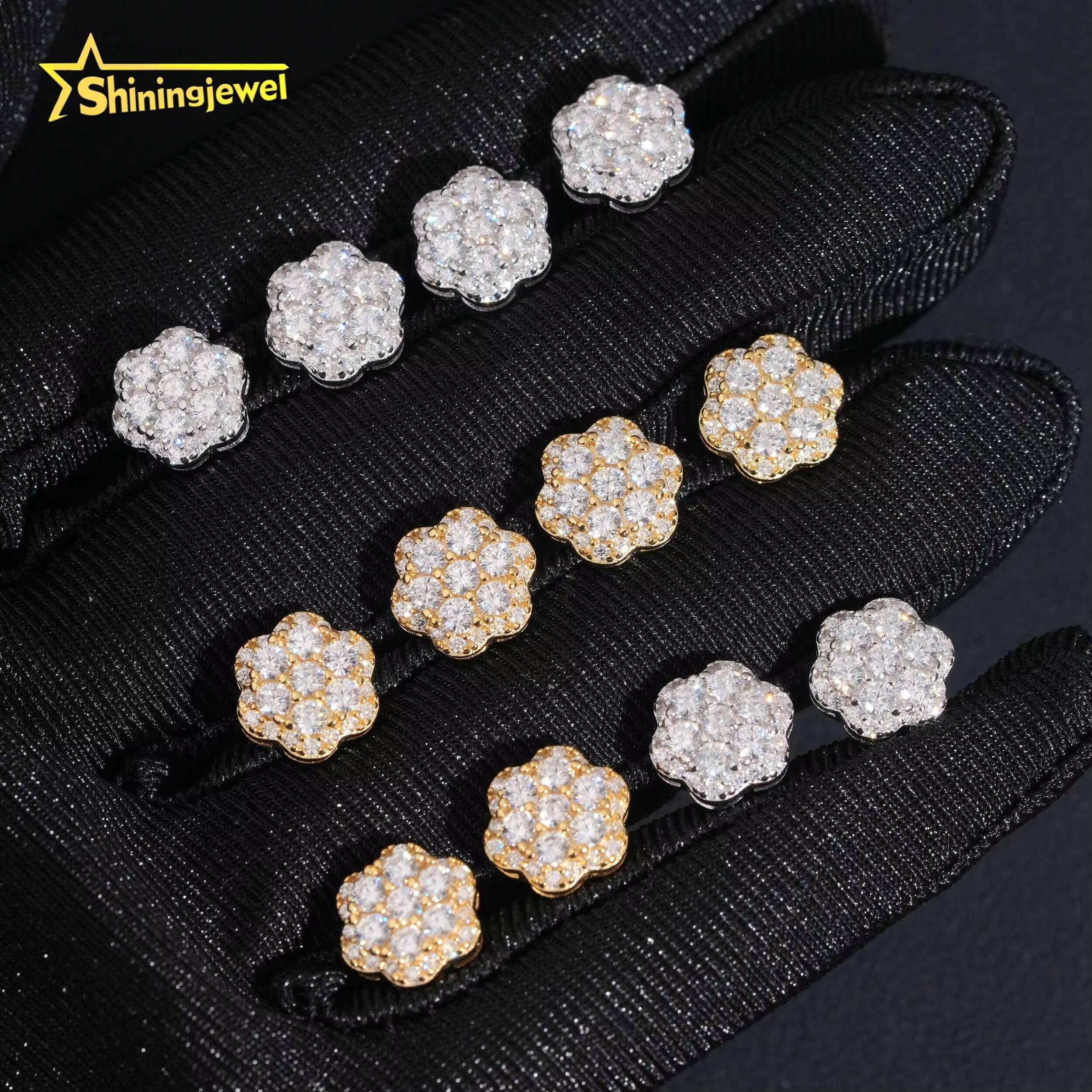 High Quality 925 Sterling Silver Flower Iced Out Diamond Hip Hop Screw Back Moissanite Stud Earrings