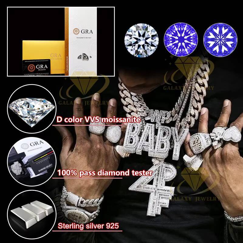 Custom Moissanite Pendant Men Hip Hop Iced Out VVS Diamond 925 Silver Mossanite Name Chain Letter Pendant Initial Necklace