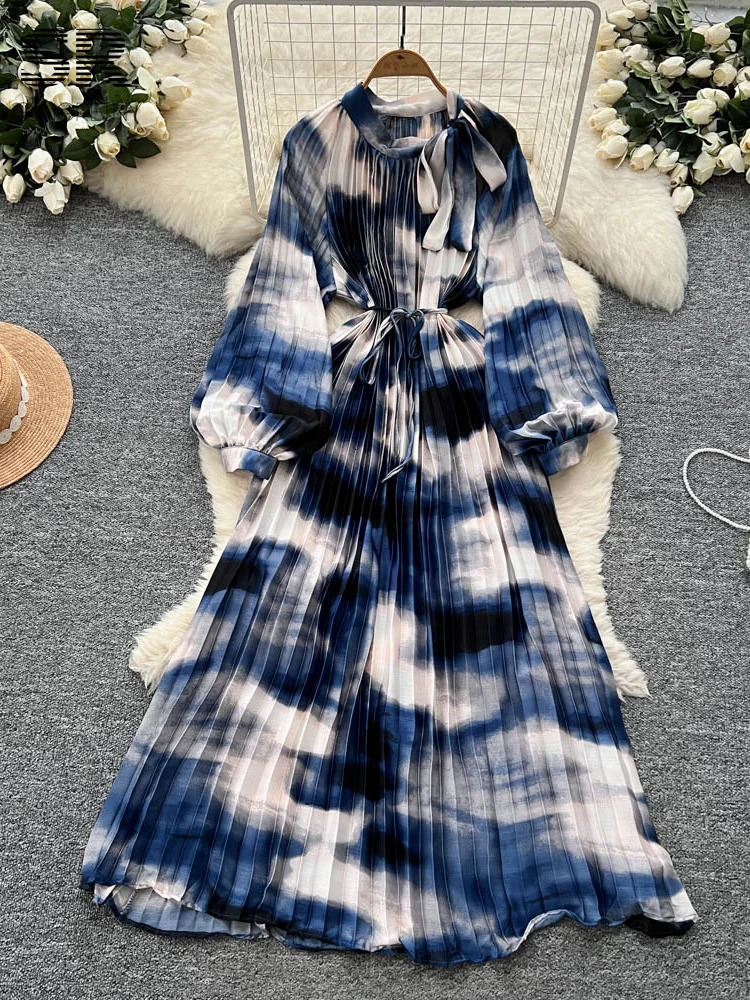 SINGREINY Elagant Print Pleated Dress Female Lantern Sleeves Temperament Bow Lace Up n Women Fashion Evening Dresses 250728