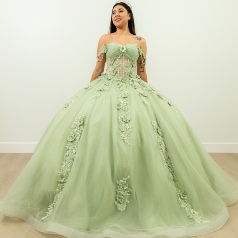 Green Shiny Quinceanera Dresses Off The Shoulder Applique Flower Beading Bow Tull Ball Gown Vestidos De 15 Anos Sweet 16 Dress
