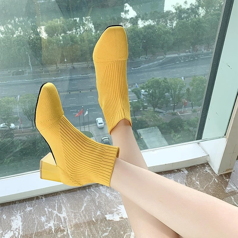 Womens Short Boots Yellow Knitted Heel High Heels Spring Fall and Winter Models Beige Fashion Women Elastic Socks 250801