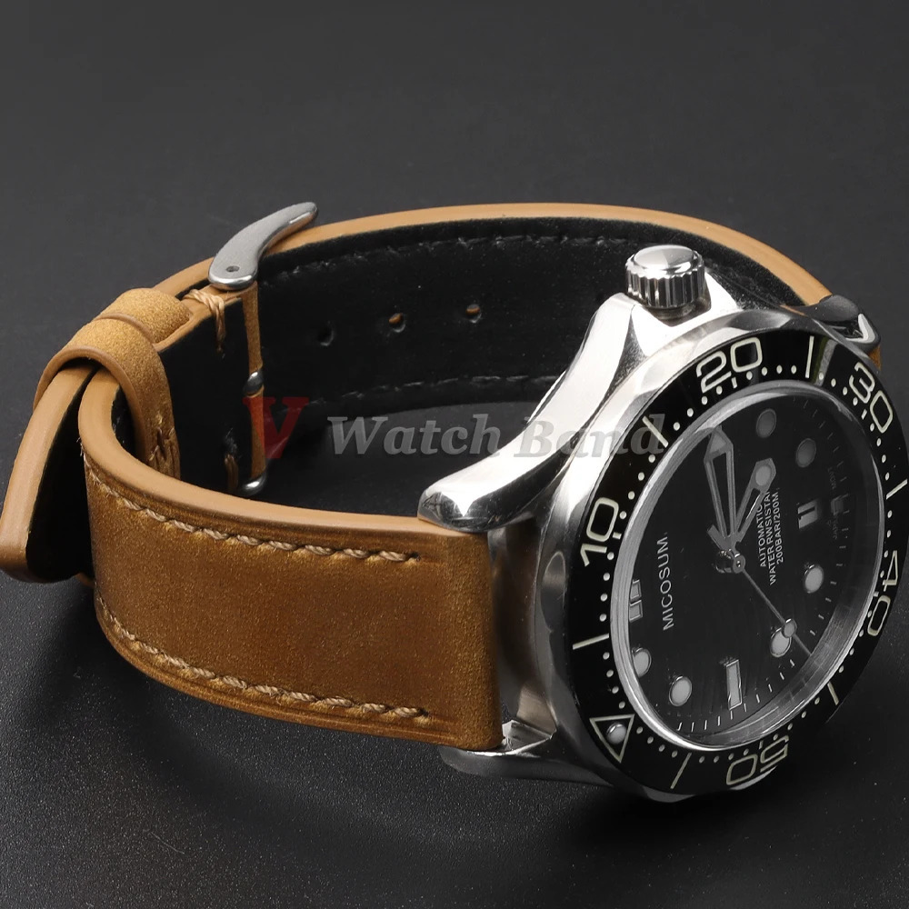 Vintage Leather Watch Band Butterfly Buckle Stitching Cowhide Strap for Omega 181920212224mm Wrist Bracelet 250805