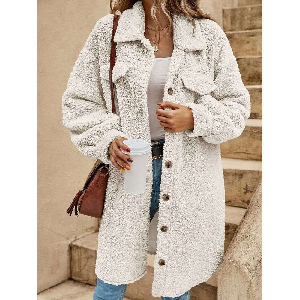 Women's open-button lapel plush loose temperament commuter long coat