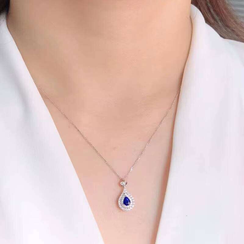Fine Jewelry Romantic Cut Lab Grown Sapphire VVS Moissanite Dia Necklace White Gold Pendant