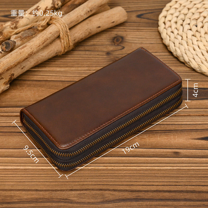 Mens Crazy Horse Leather Long Wallet Genuine Leather Double Zipper Wallet Multi-Card Slots Cowhide Clutch Large Capacity Phone Bag