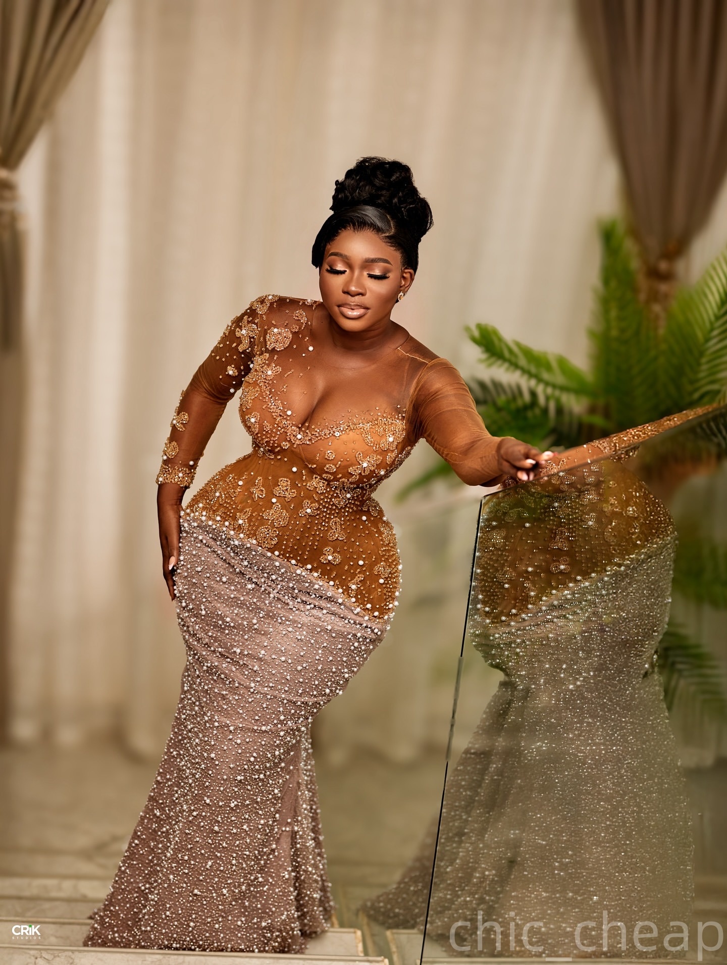 Mermaid Brown Prom Dresses 2025 Illusion Pearls Lace Sequined Evening Formal Party Second Birthday Engagement Gowns Plus Size Dress For Special Occasi