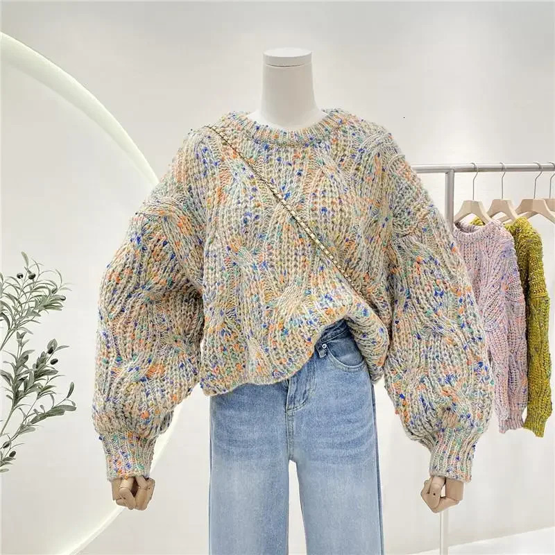 Dongdaemun Korea Autumn/Winter Arrival Knit Colorful Loose Fit Lantern Sleeve Cropped Sweater For Women Crew Neck Style 250804