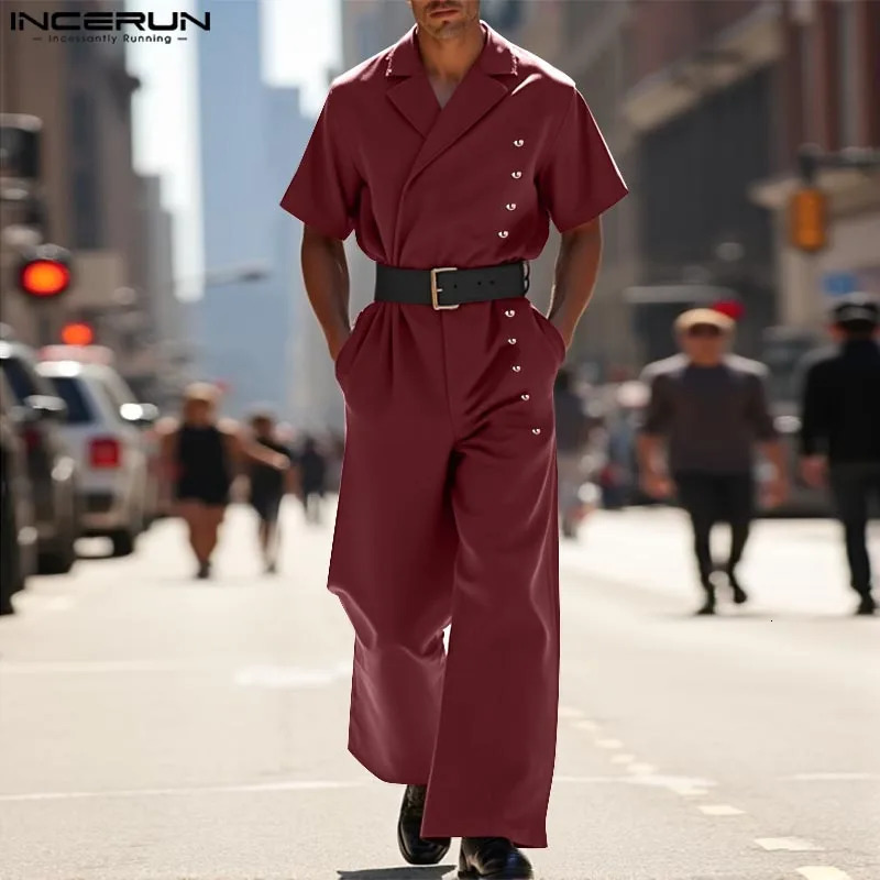 INCERUN Men Rompers Fashion Casual Pants Solid Buttons Overalls Streetwear Long Trouser Male Loose Jumpsuits Wide Leg 250804