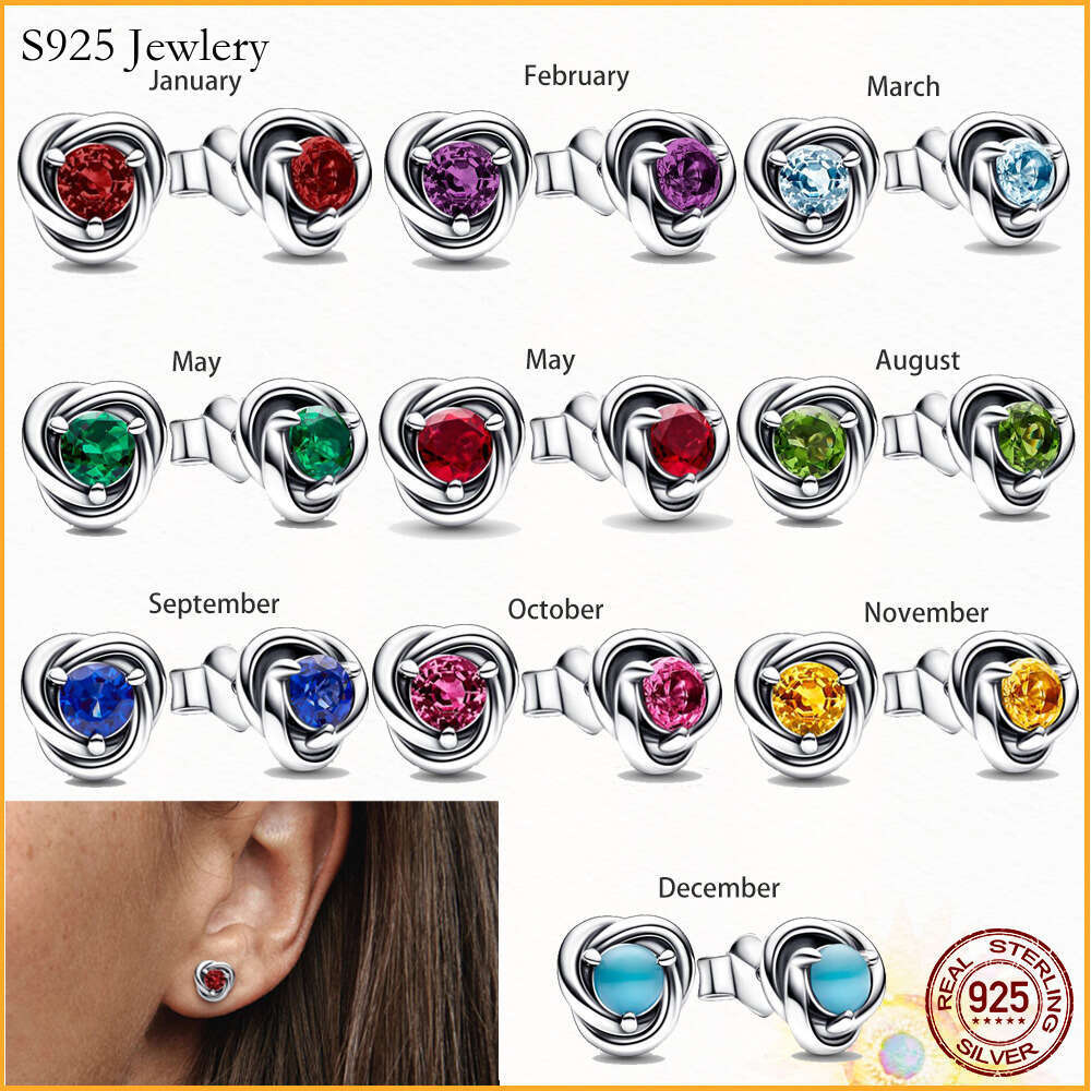 925 Sterling Silver Charm Month Birthstone Eternity Circle Stud Earrings Women Birthday Commemorative Jewelry Exquisite Gift