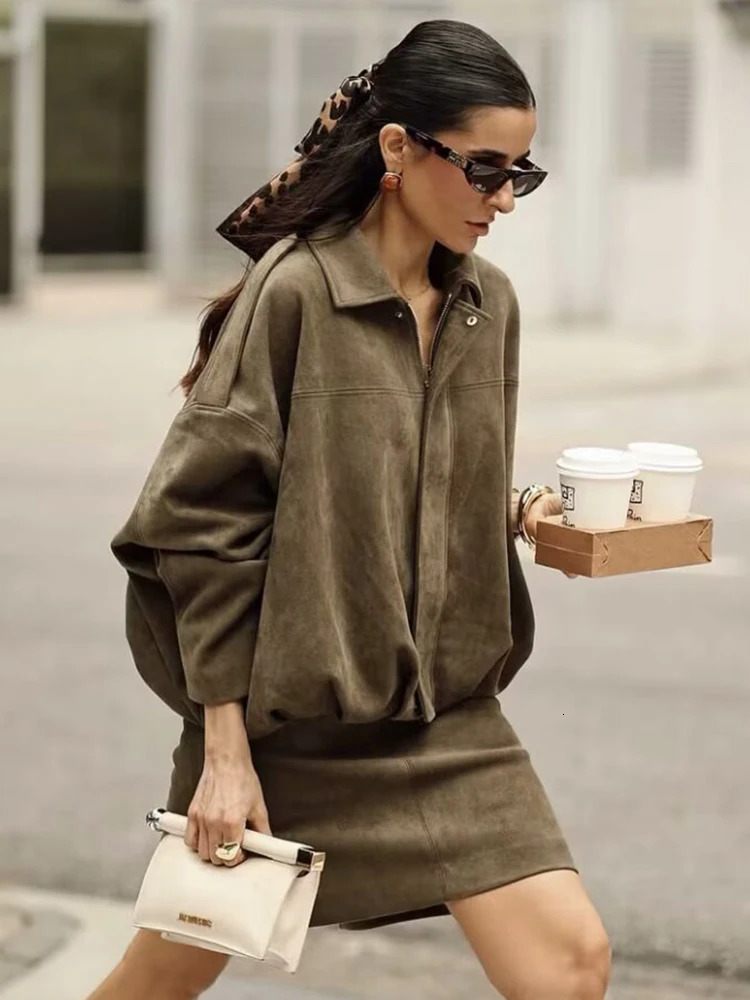 Oversize Women Soft Suede Jackets Fashion Ladies Casual Loose Army Green Outfits for Jogging Female Chic Jacket Clothes 250805
