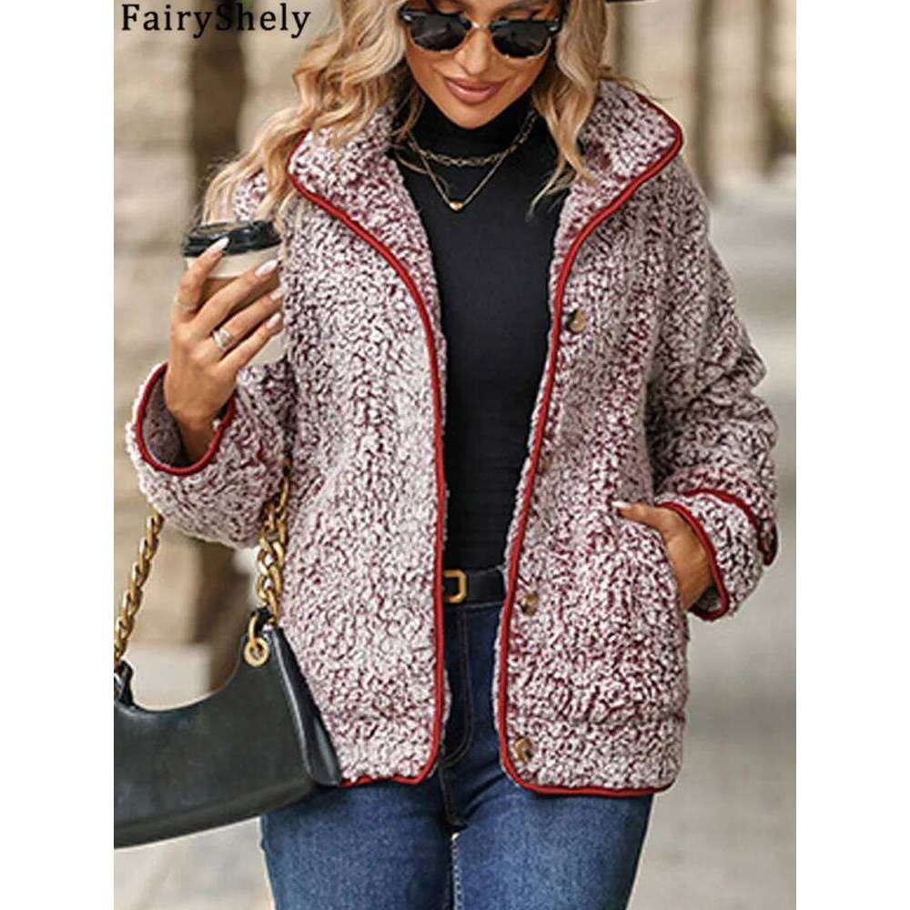 FairyShely Autumn Winter Women Pocket Jacket Thick Plush Warm Long Sleeve Ladies Single Breasted Turn Down Collar Coat