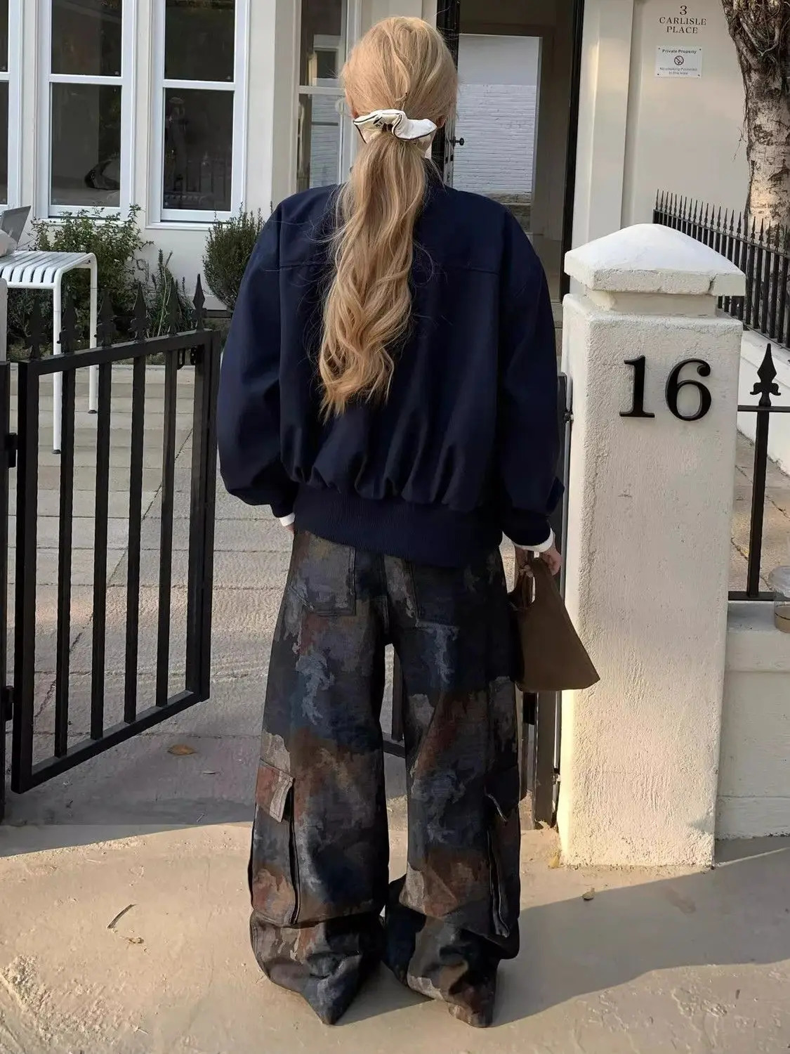 Retro street style camouflage spliced multi-pocket work jeans for women American loose straight wide-leg casual pants 250804