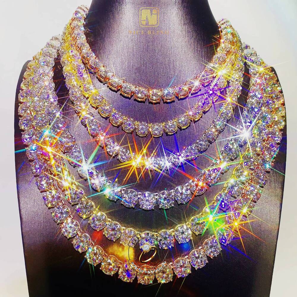 Luxury Blinding Flash 8mm 10mm BIG Stone Moissanite Tennis Chain Necklace Manufacturer 18k Gold Plated Necklace S925 Hip Hop