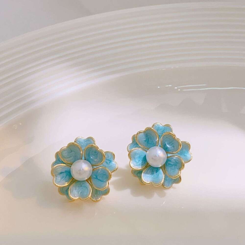 Copper Gold-Plated Korean Style Flower Enamel Drop for Women New Trendy Light Niche Fashion Stud Earrings Sier Needle