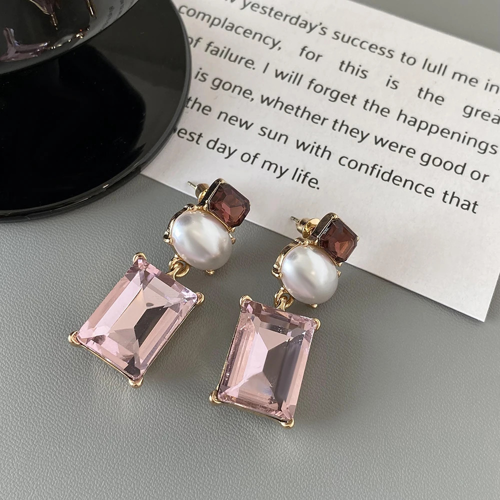 Lifefontier Pink Crystal Geometric Pearl Drop Earrings For Women Sweet Square Rhinestone Wedding Dangle Earring Party Jewelry 250807