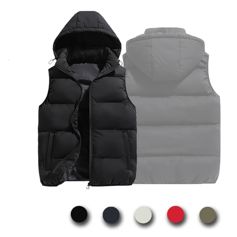 Men Trendy Sleeveless Down Thermal Hooded Vests Jackets Zipper Outdoor Winter Casual Waistcoat Windproof Jacket 250804