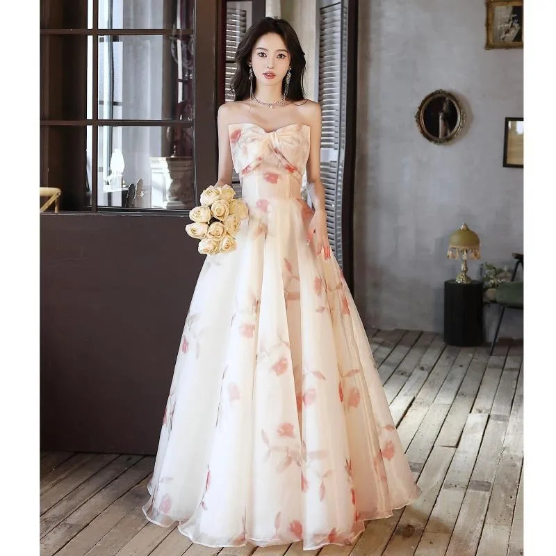 2025 Summer French Super Immortal Bow Strapless Evening Dress Fashionable Slimming Vocal Art Exam Walking Show Banquet Dress 250728