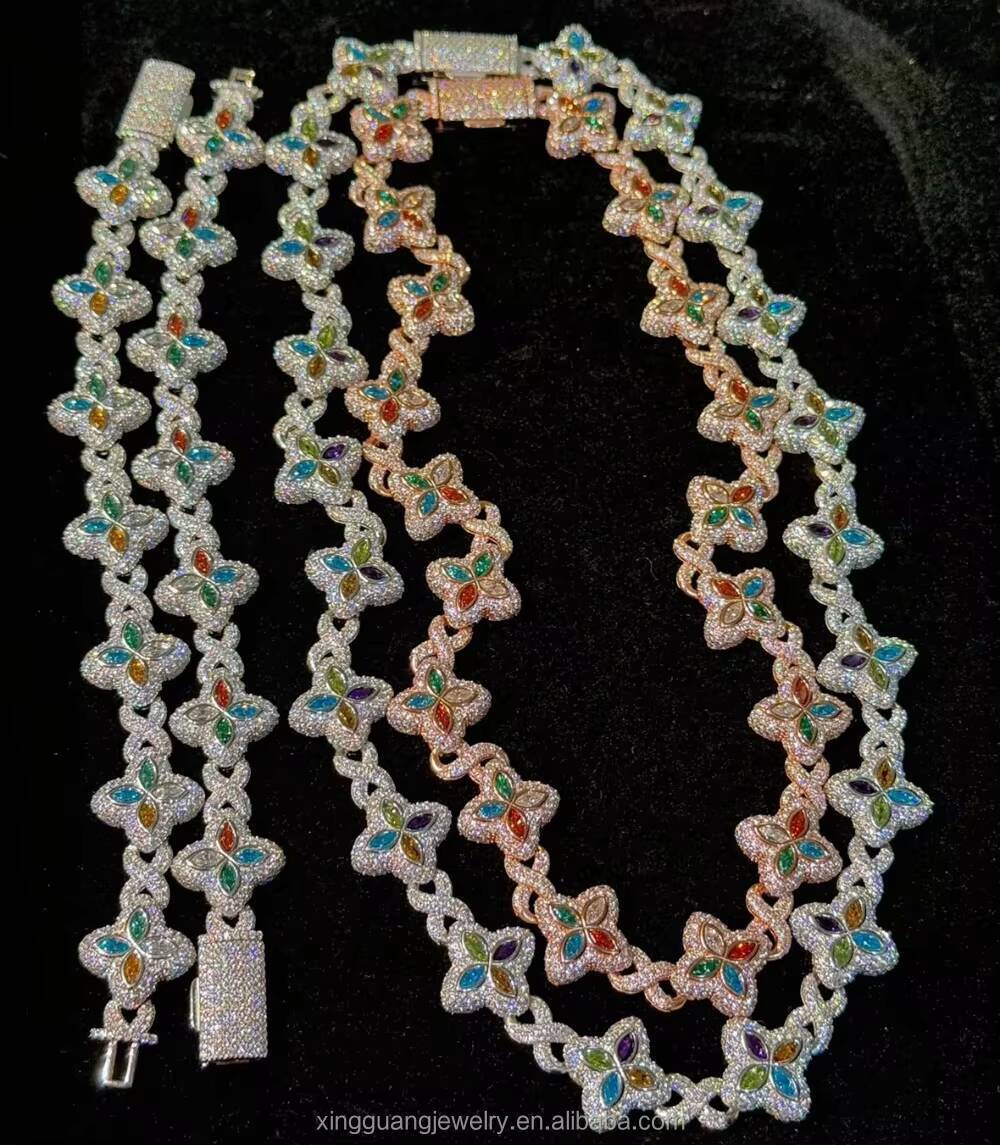 Fashion Fancy Colors Marquise Cut Moissanite Clover Charms Infinity Cuban Links 925 Sterling Silver Cuban Link Chain Jewelry