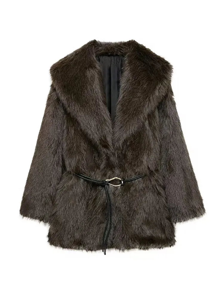 Faux Fur Coats Women Vintage Solid Lapel Belt Full Sleeve Pocket Jackets Female Autumn Winter Thicken Outwear Lady 250806