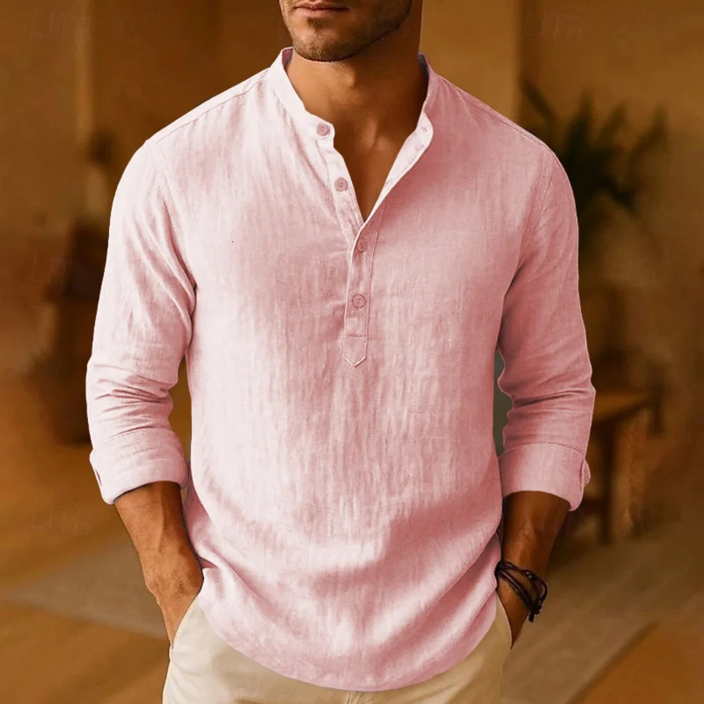 Men Casual Shirts Lightweight Long Sleeve Henley Cotton for Beach Linen Hawaiian Breathable Collar Tops 250808