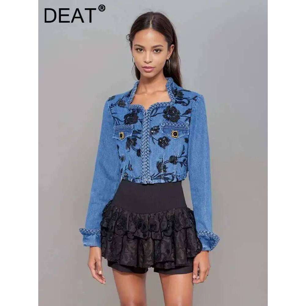 Trendy New Items Women's Embroidery Sequins Denim Coat Summer Fashion V-neck Long Sleeves Jacket Female