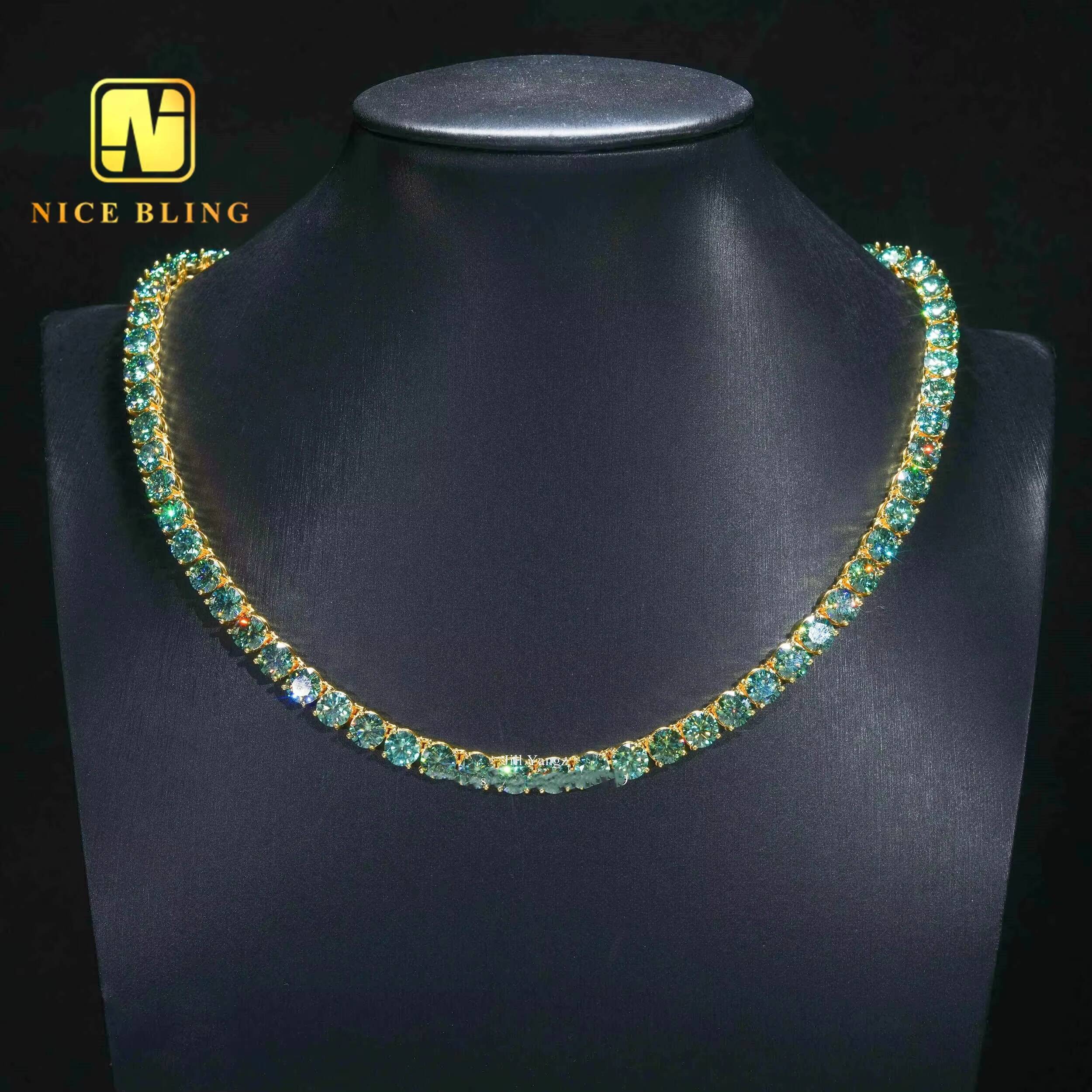 Ready Stocks High Fashion Pass Diamond Tester 5mm Dark Blue Green Moissanite Tennis Necklace Bracelet Hip Hop Jewelry