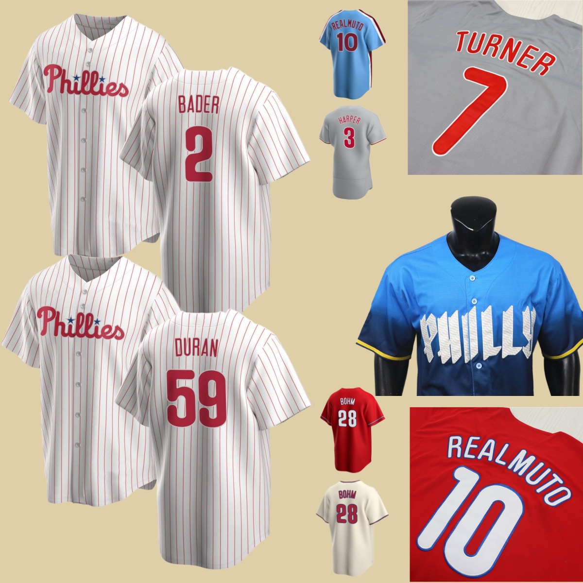 2 Harrison Bader 59 Jhoan Duran New Baseball Jersey Trea Turner Harper Kyle Schwarber J.T. Realmuto Alec Bohm Bryson Stott Nick Castellanos Zack Wheeler Brandon Marsh