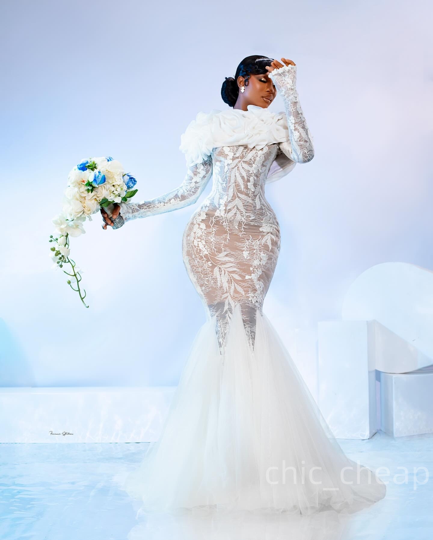 2025 Aso Ebi Plus Size Ivory Mermaid Wedding Dress Illusion Lace Full Sleeves Flowers Vintage Bridal Gowns Dresses ZJ0686