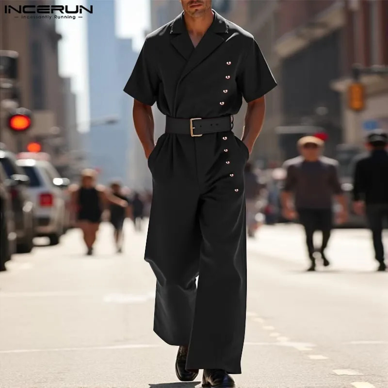 INCERUN Men Rompers Fashion Casual Pants Solid Buttons Overalls Streetwear Long Trouser Male Loose Jumpsuits Wide Leg 250804